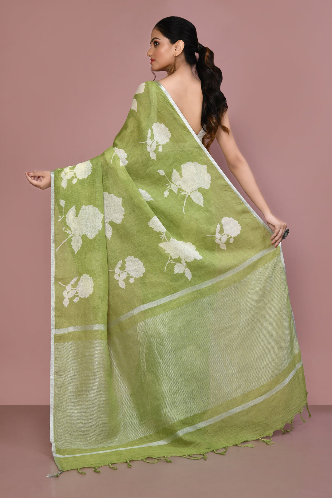 Olive Green Rose Printed Linen Cotton Saree