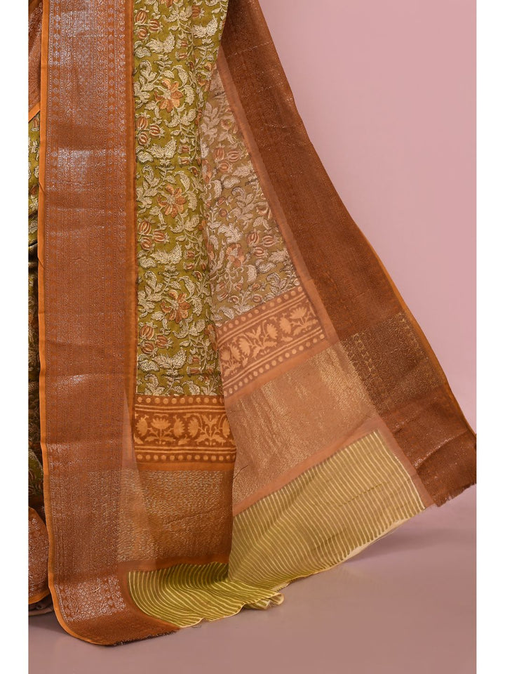 Olive Green & Brown Printed Chanderi Saree