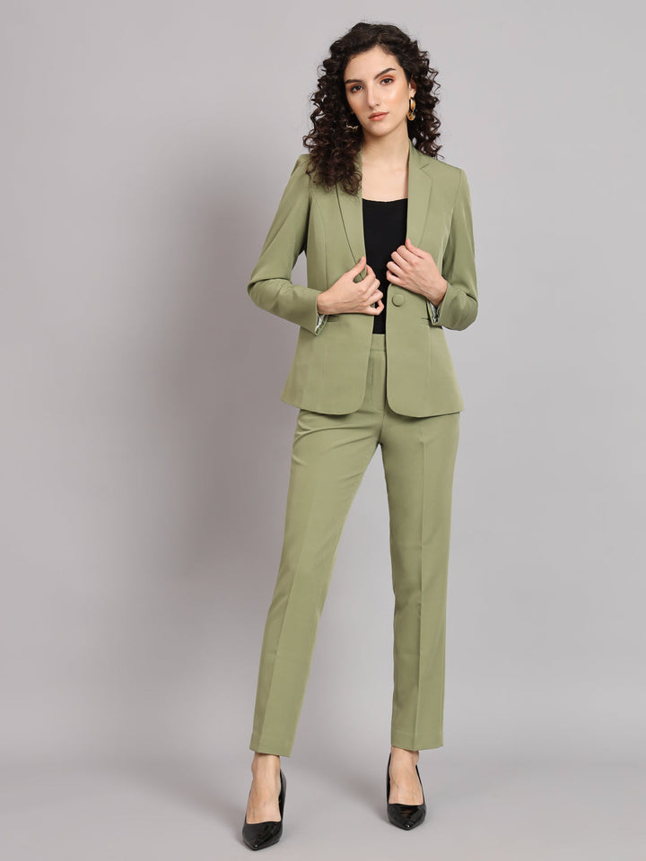 Olive Polyester Notch Collar Stretch Pant Suit