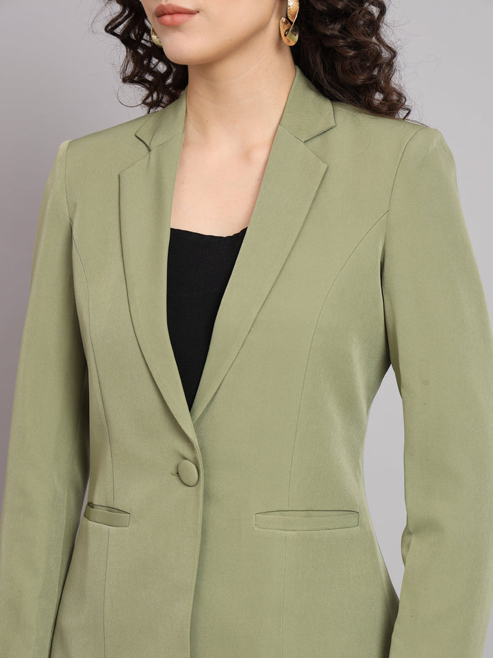 Olive Polyester Notch Collar Stretch Pant Suit