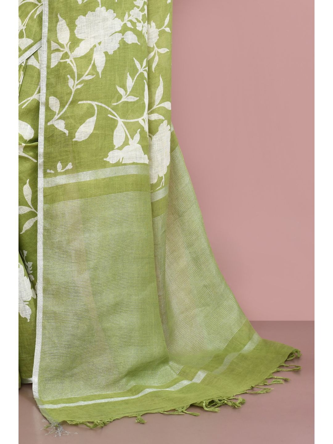 ZERESOUQ-Olive-&-White-Floral-Print-Linen-Cotton-Saree