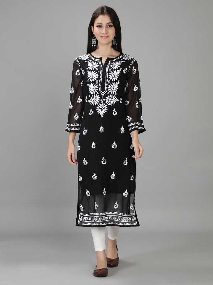 Onyx Black Georgette Chikan Kurta with Slip