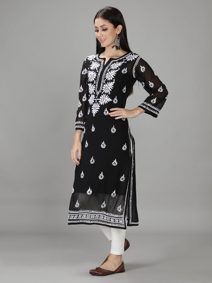 Onyx Black Georgette Chikan Kurta with Slip