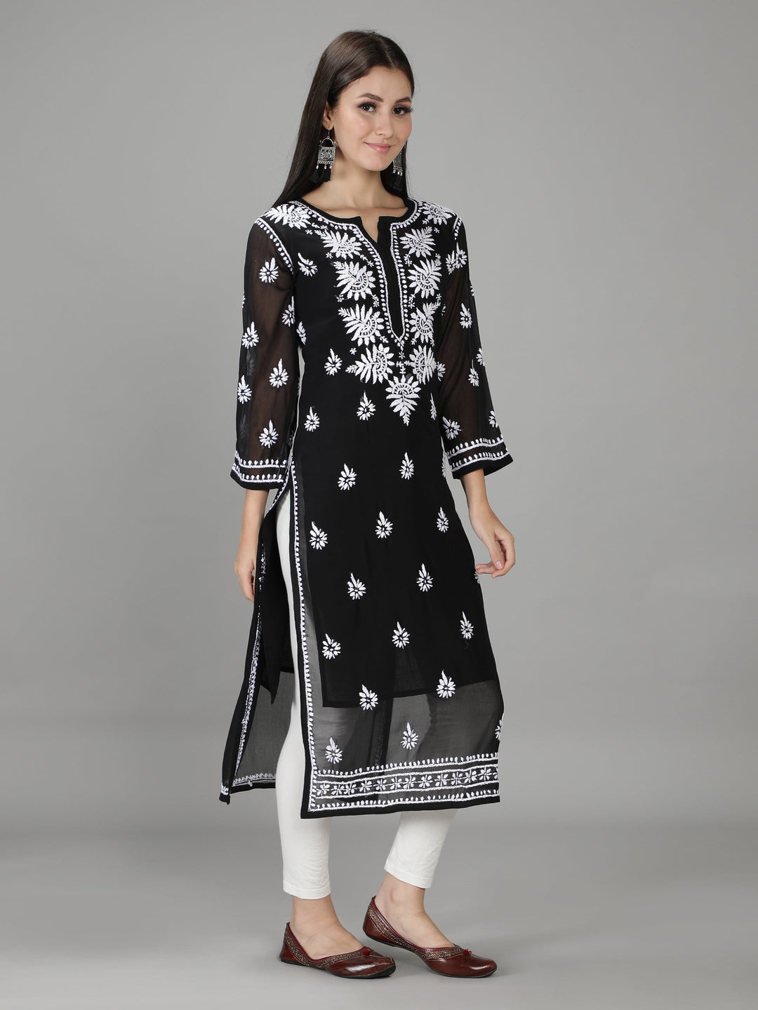 Onyx Black Georgette Chikan Kurta with Slip