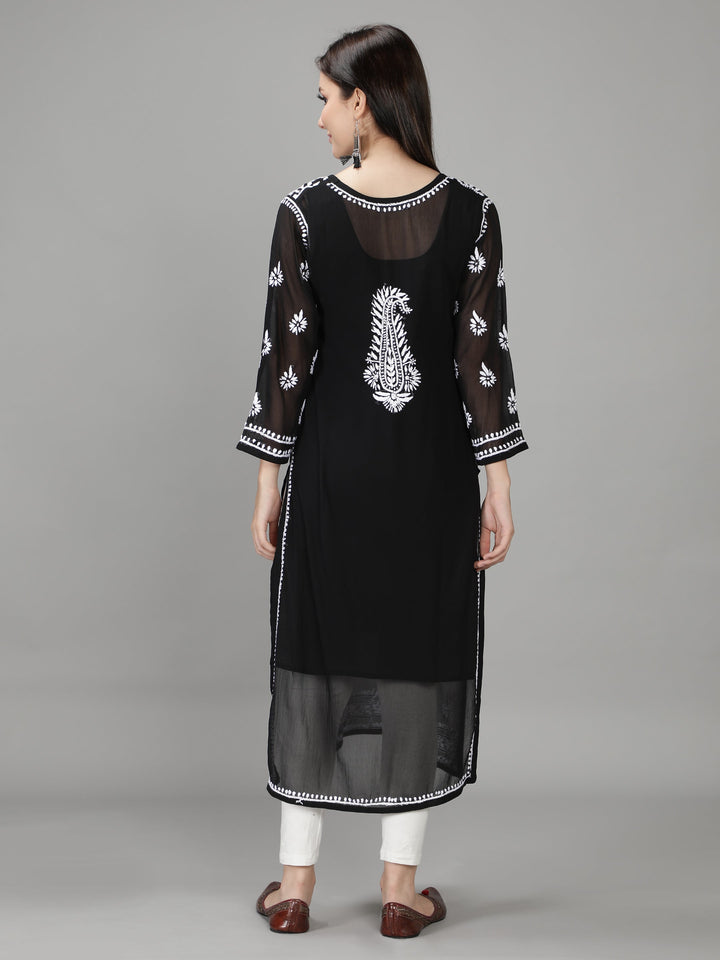 Onyx Black Georgette Chikan Kurta with Slip