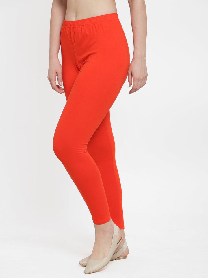 Orange Ankle Length Cotton Lycra Leggings