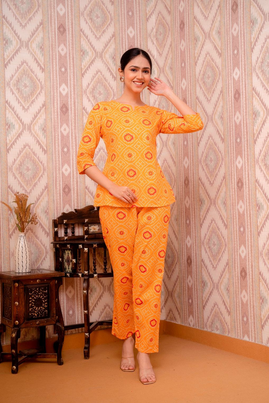 Orange-Bandini-Printed-Long-A-line-Cotton-Night-Suit
