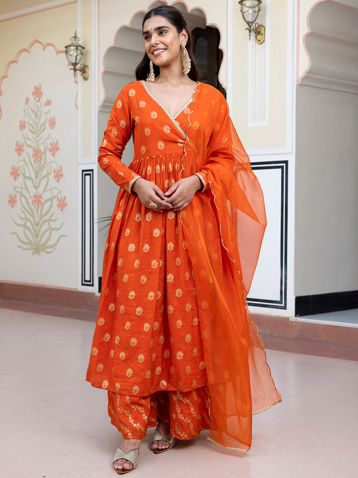 Orange Brocade Foil Print Angrakha Kurta Suit Set