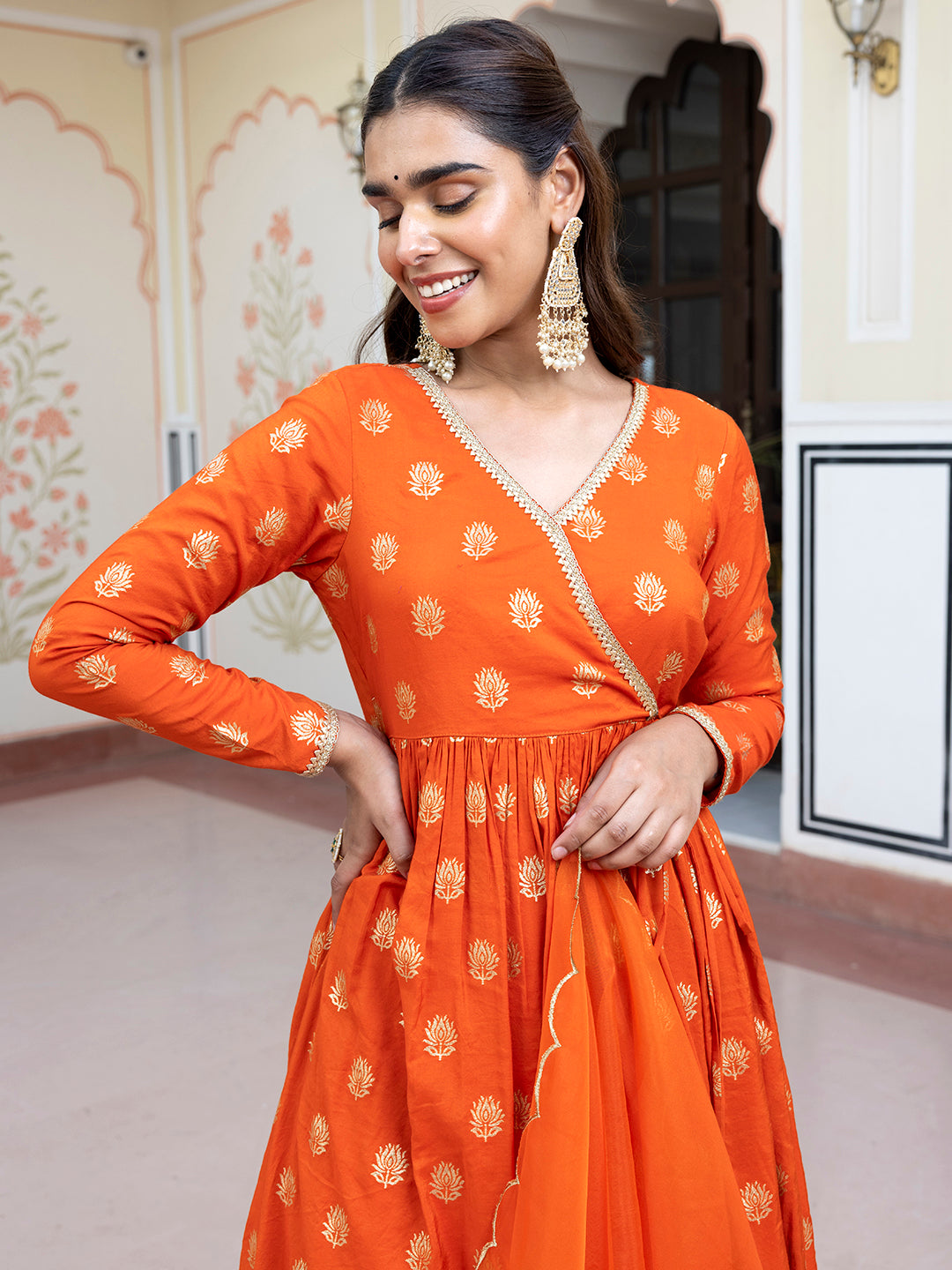 Orange Brocade Foil Print Angrakha Kurta Suit Set