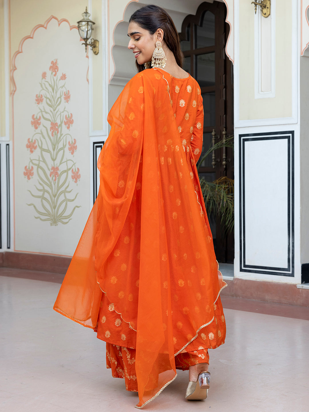Orange Brocade Foil Print Angrakha Kurta Suit Set