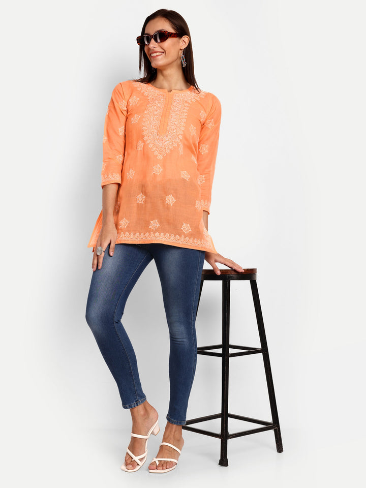 Orange Cotton Chikankari Tunic Kurti