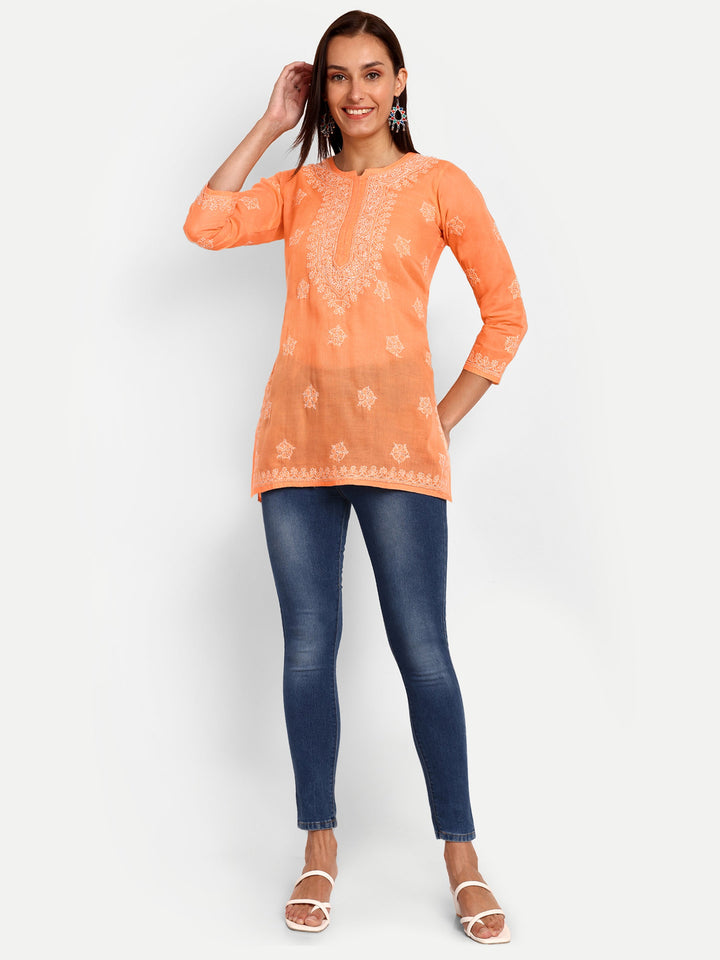 Orange Cotton Chikankari Tunic Kurti