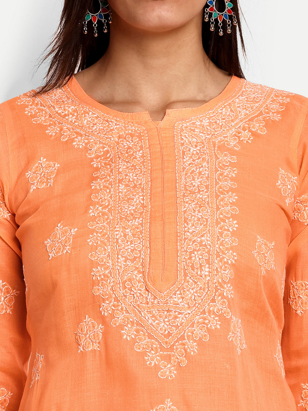 Orange Cotton Chikankari Tunic Kurti