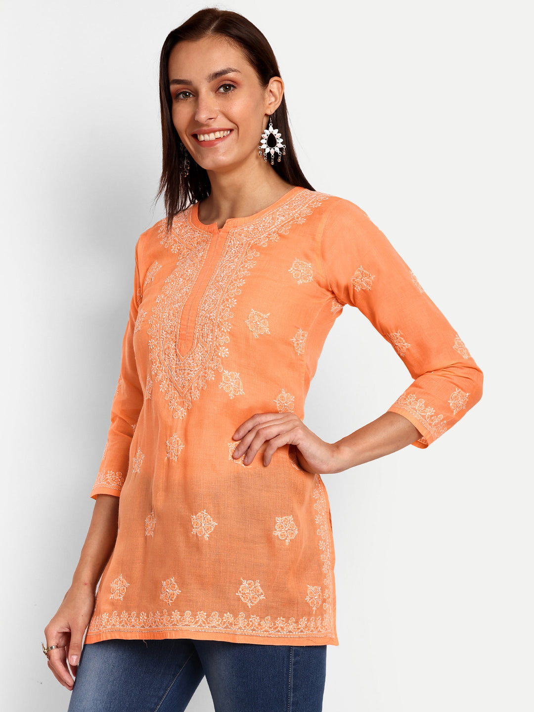 Orange Cotton Chikankari Tunic Kurti