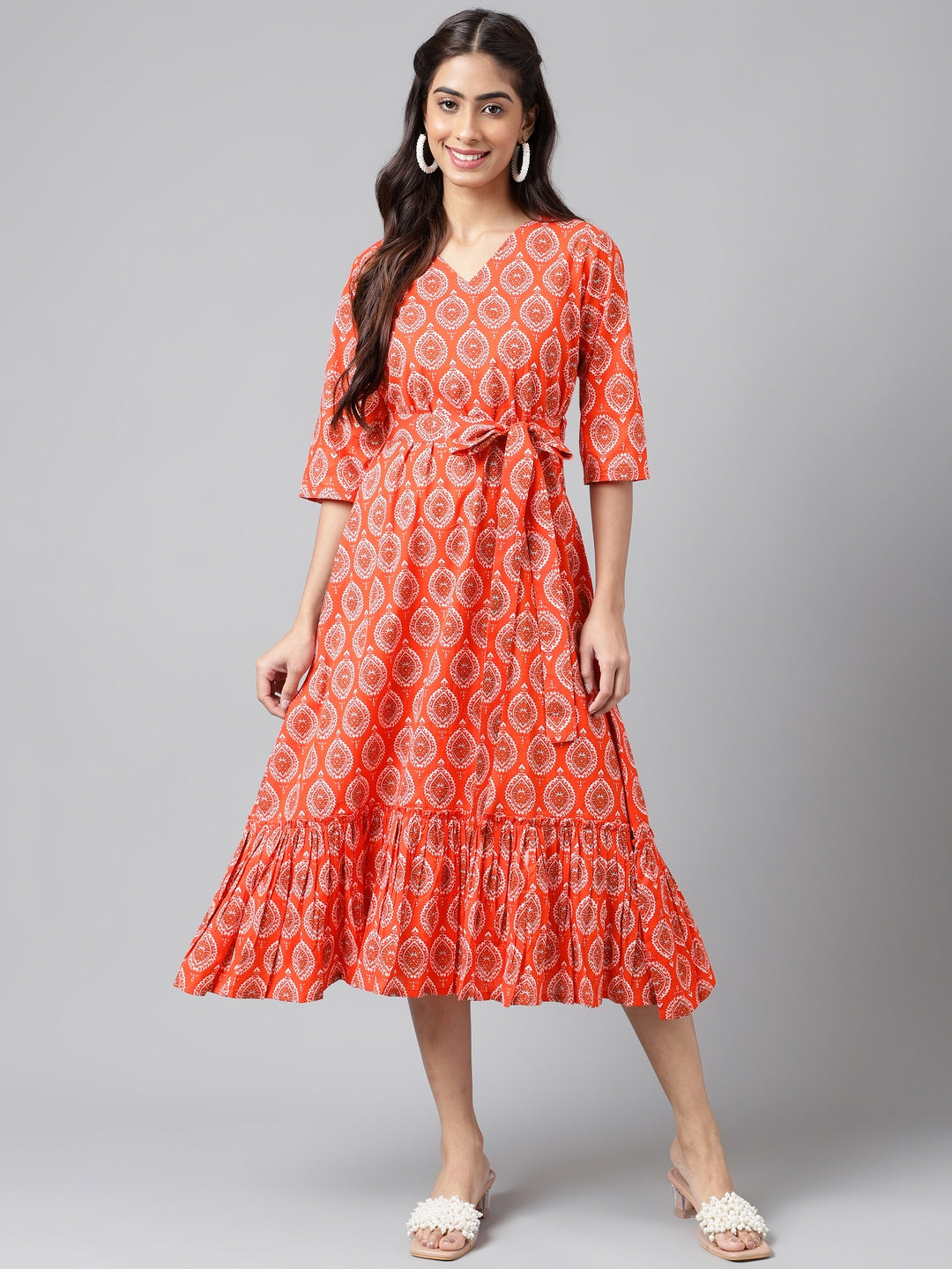 Orange Cotton Floral Printed Casual Wrap Dress