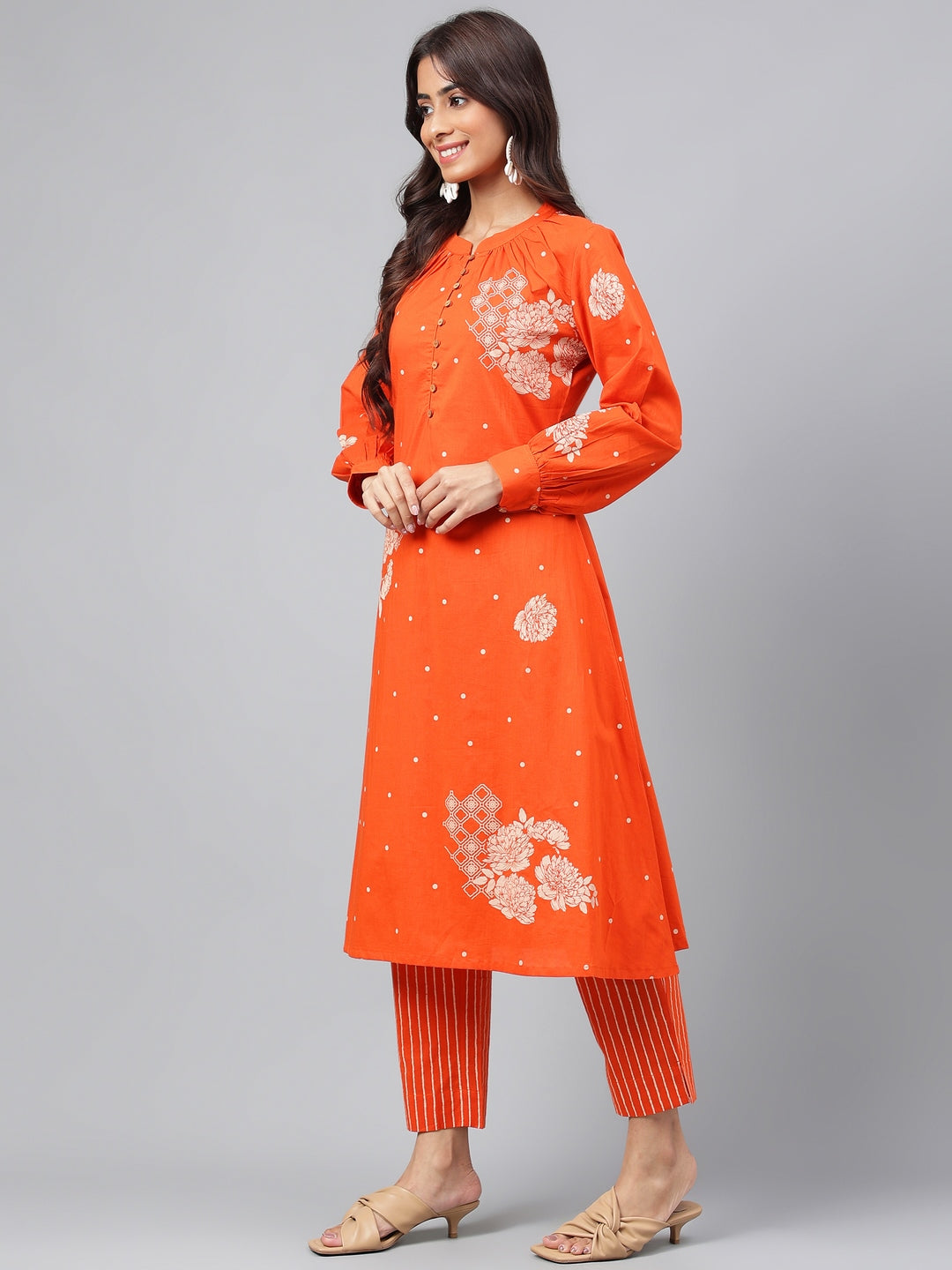 Orange Cotton Floral Printed Festive Kurta Set