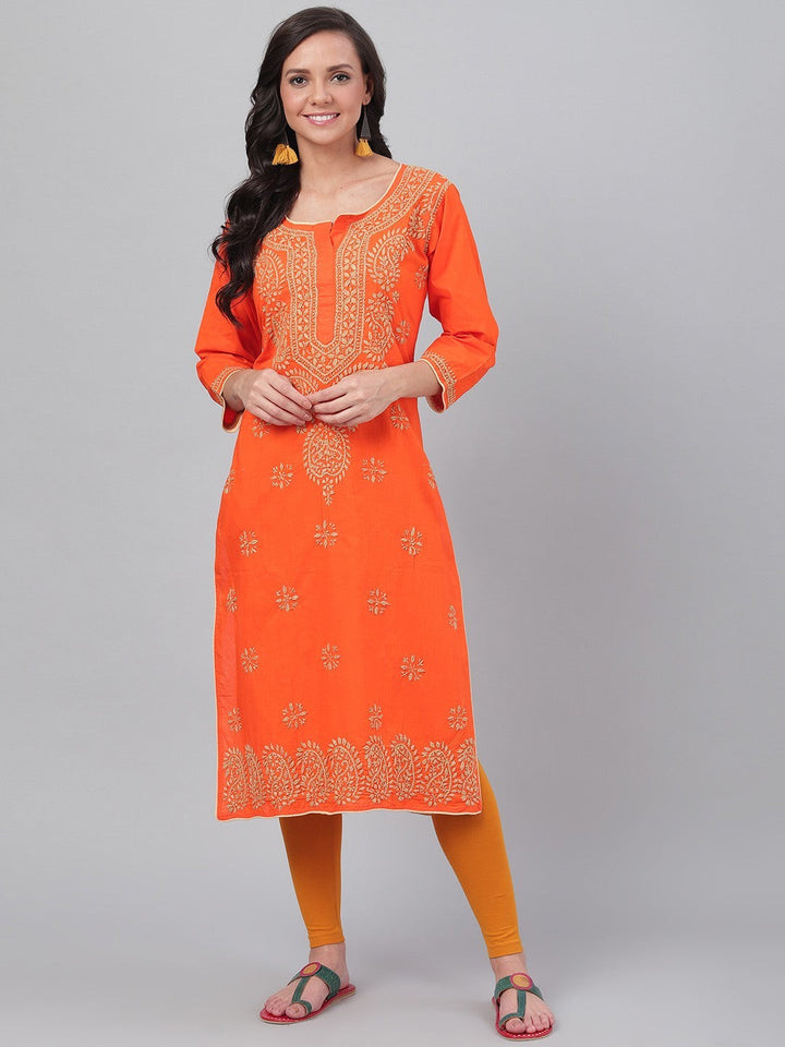 Orange Cotton Handwoven Chikan Straight Kurta