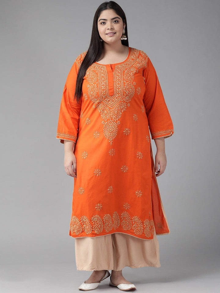 Orange Cotton Handwoven Chikan Straight Kurta