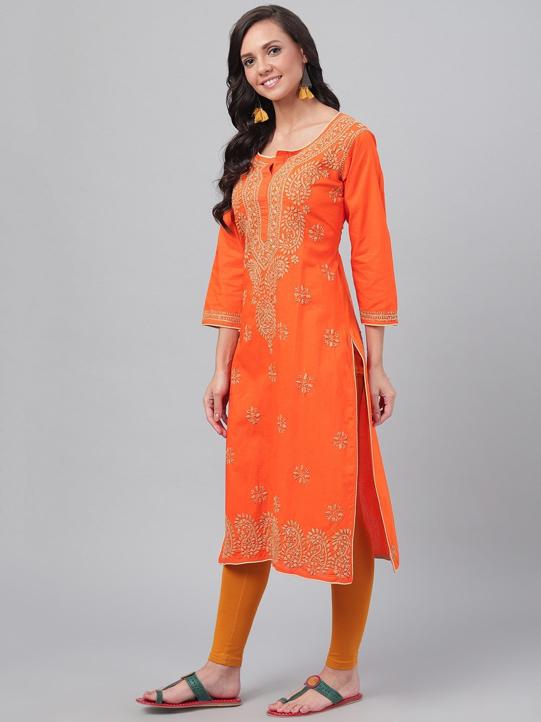 Orange Cotton Handwoven Chikan Straight Kurta