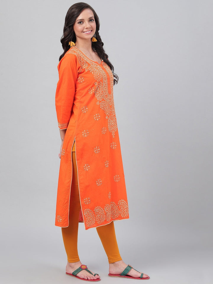 Orange Cotton Handwoven Chikan Straight Kurta