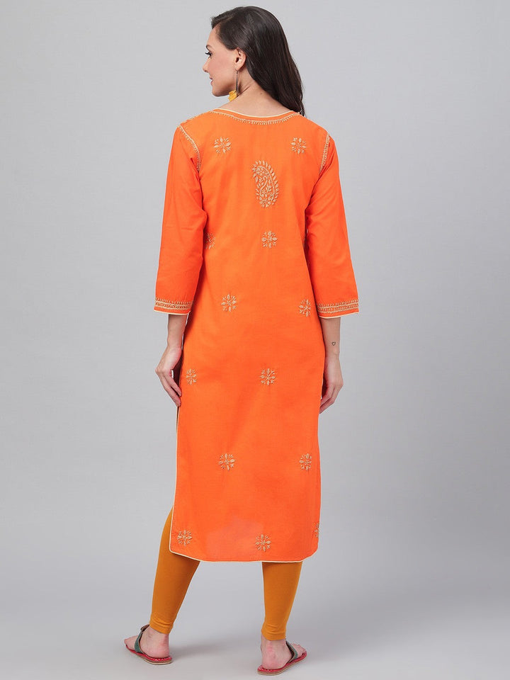 Orange Cotton Handwoven Chikan Straight Kurta