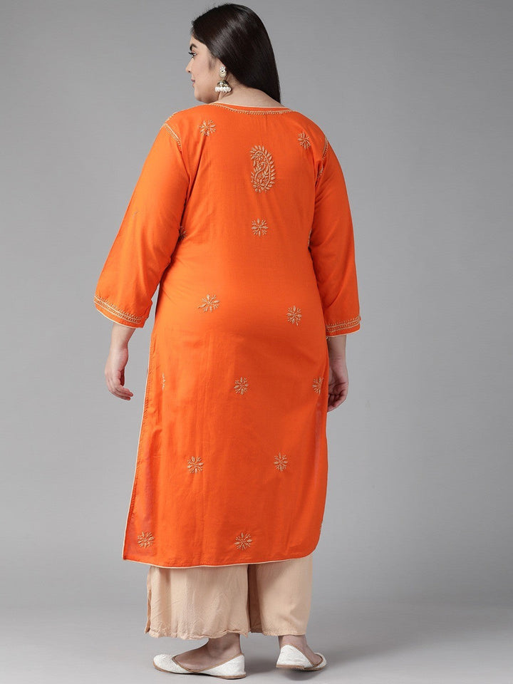 Orange Cotton Handwoven Chikan Straight Kurta