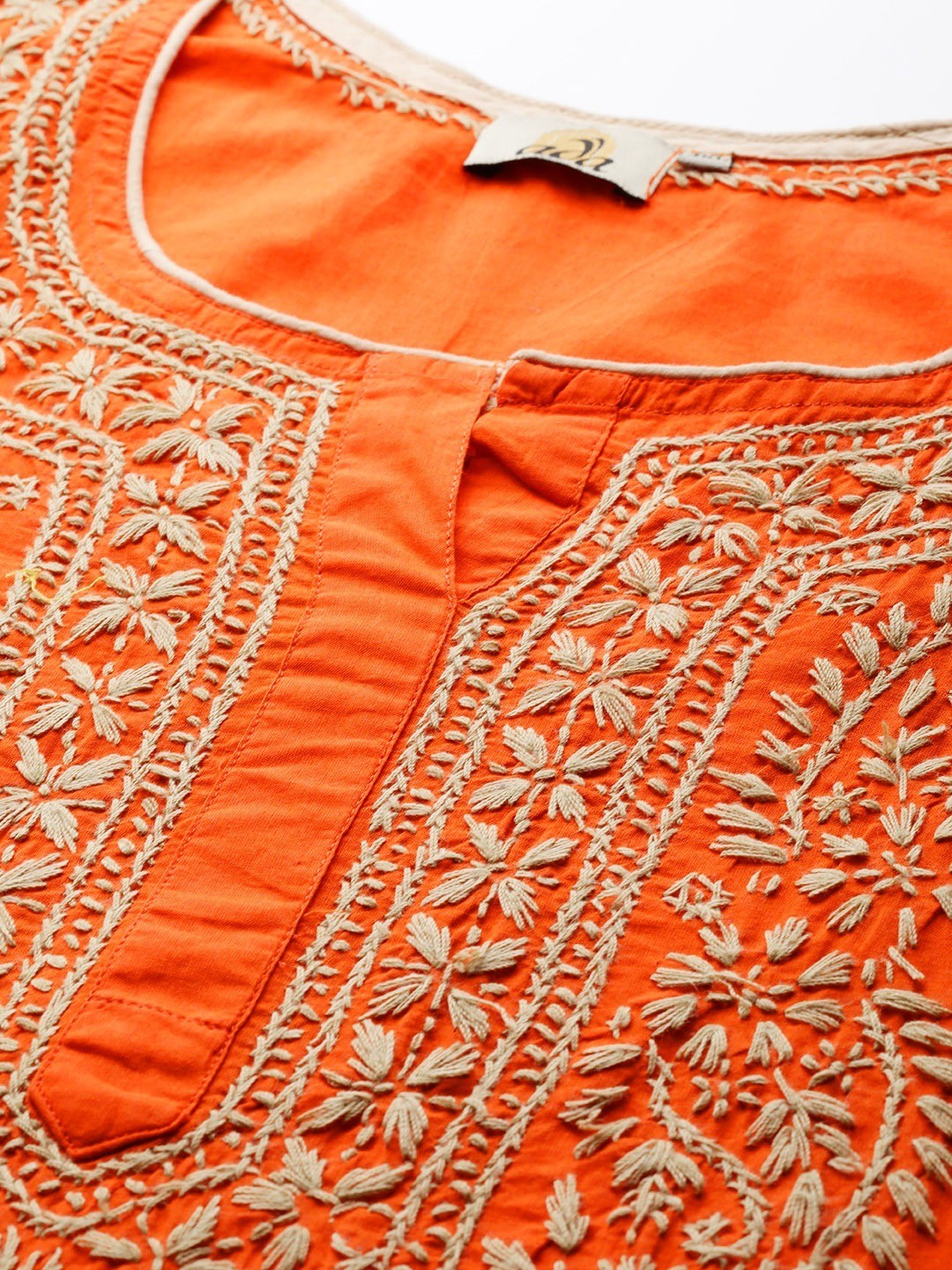 Orange Cotton Handwoven Chikan Straight Kurta