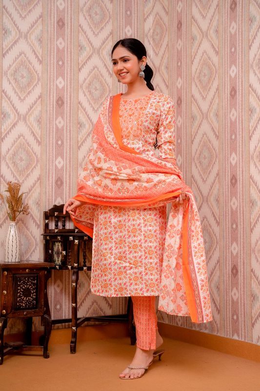 Orange-Embroidered-Long-Straight-Cotton-3-Piece-Kurta-Set