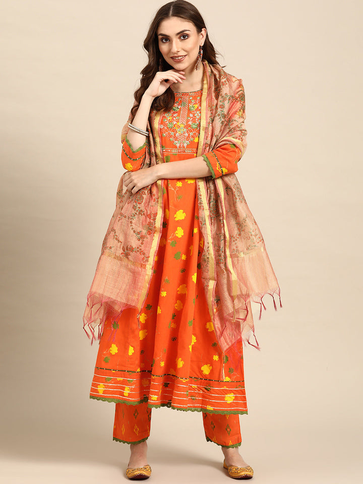 Orange Ethnic Embroidered Cotton Kurta Set