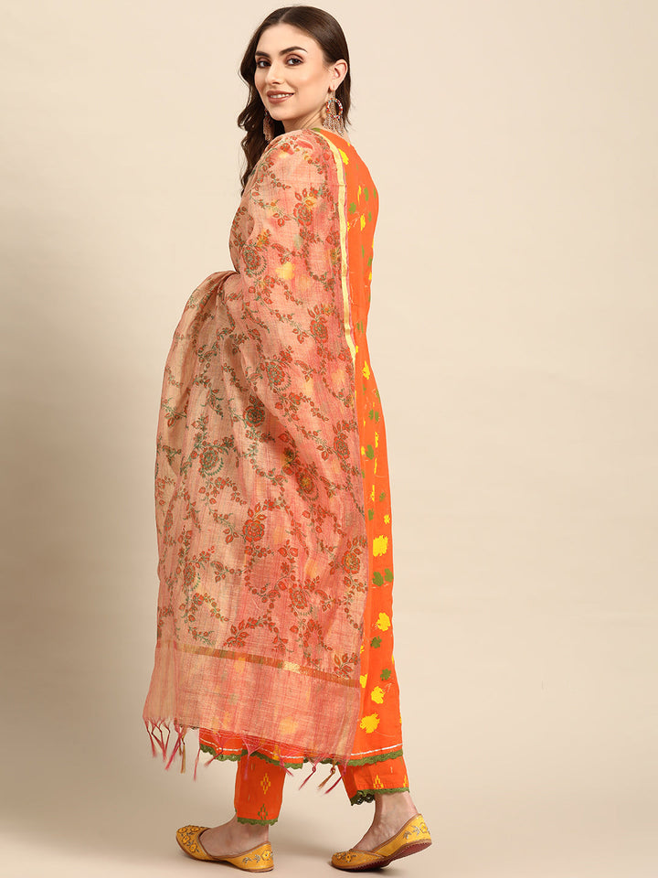 Orange Ethnic Embroidered Cotton Kurta Set