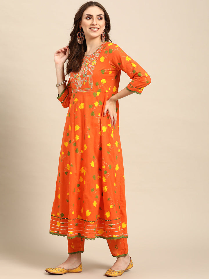 Orange Ethnic Embroidered Cotton Kurta Set