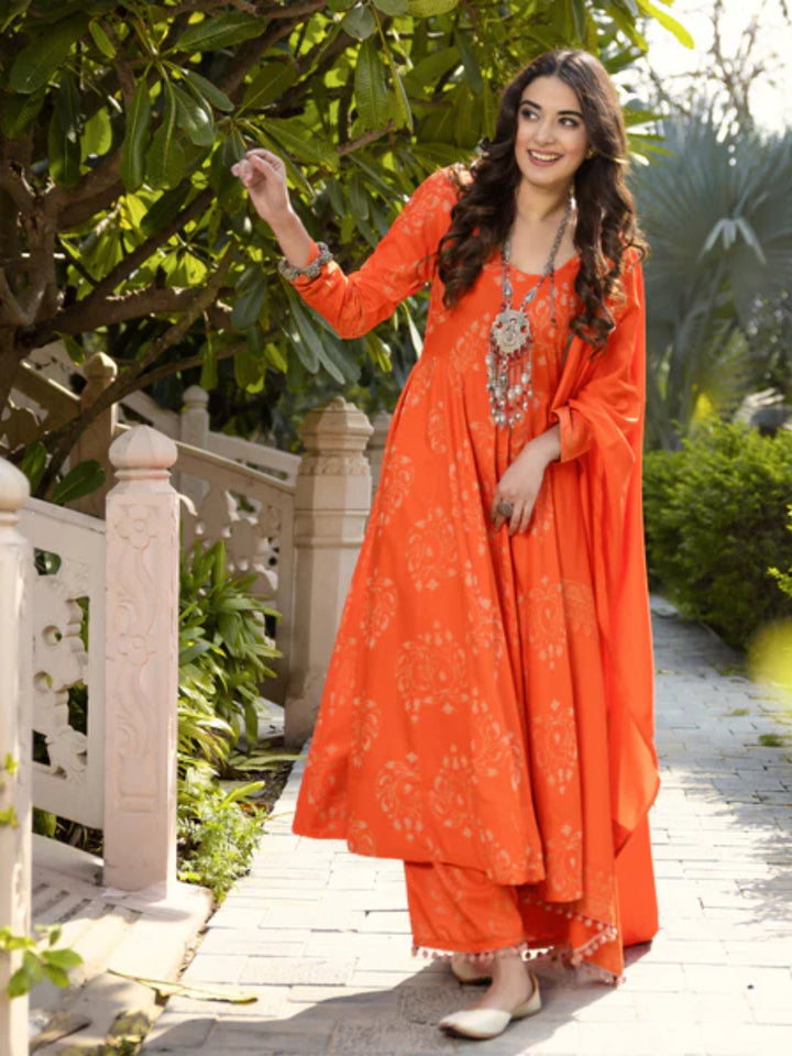 Orange-Flared-Kurta-Dupatta-Pant-Set