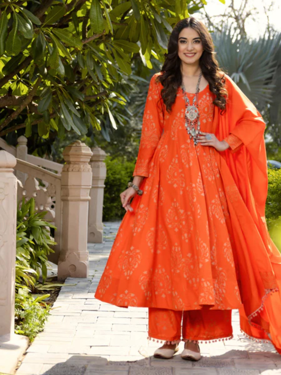 Orange-Flared-Kurta-Dupatta-Pant-Set