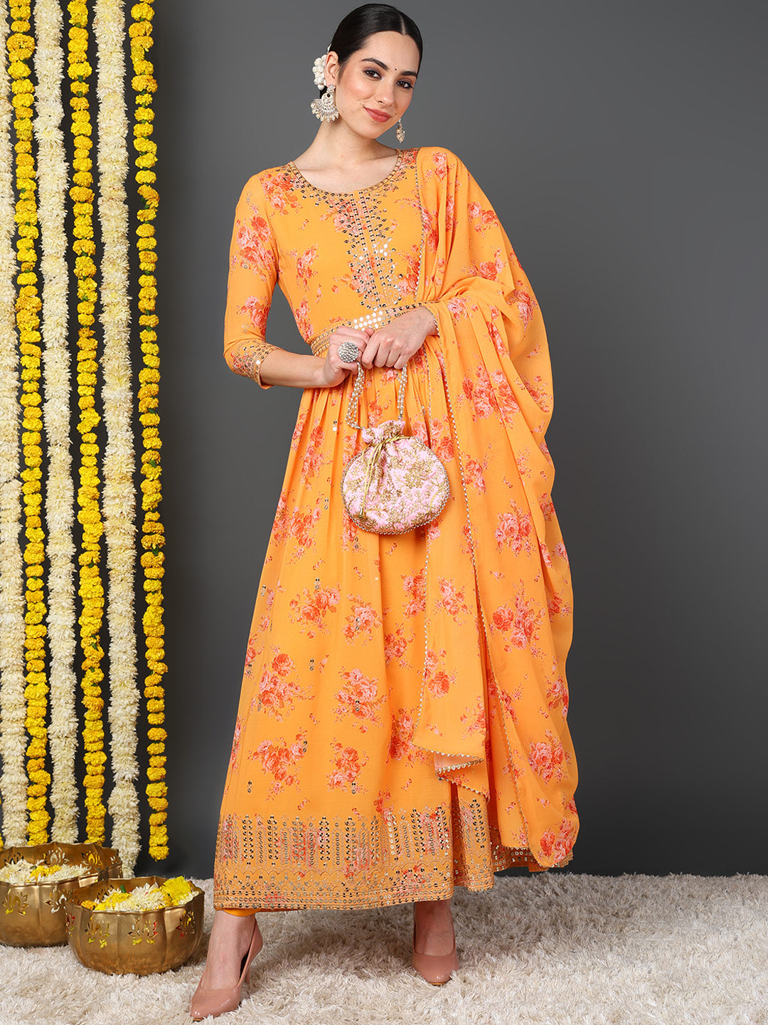 ZERESOUQ-Orange-Georgette-Floral-Printed-3-Piece-Anarkali-Set