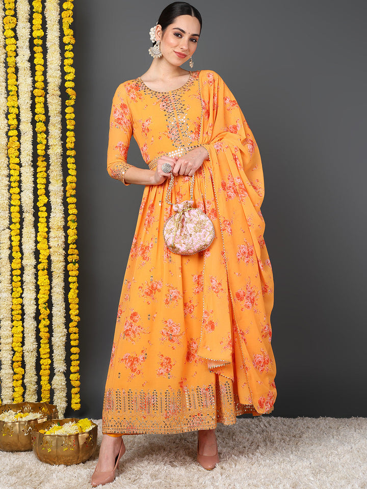 ZERESOUQ-Orange-Georgette-Floral-Printed-3-Piece-Anarkali-Set