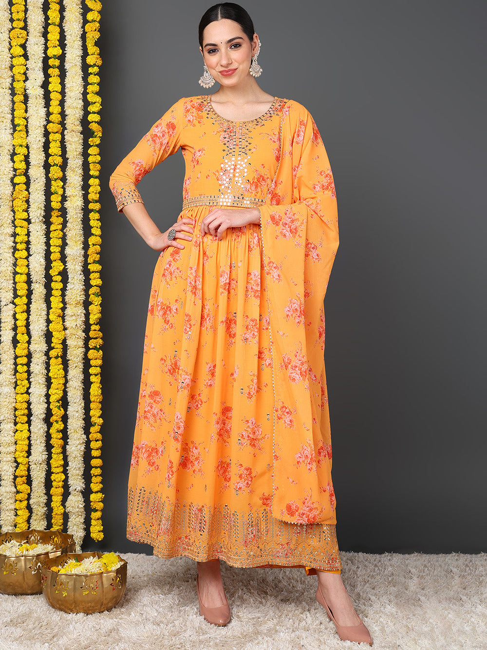 ZERESOUQ-Orange-Georgette-Floral-Printed-3-Piece-Anarkali-Set