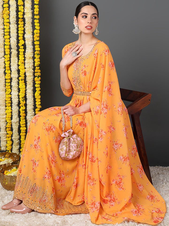 ZERESOUQ-Orange-Georgette-Floral-Printed-3-Piece-Anarkali-Set