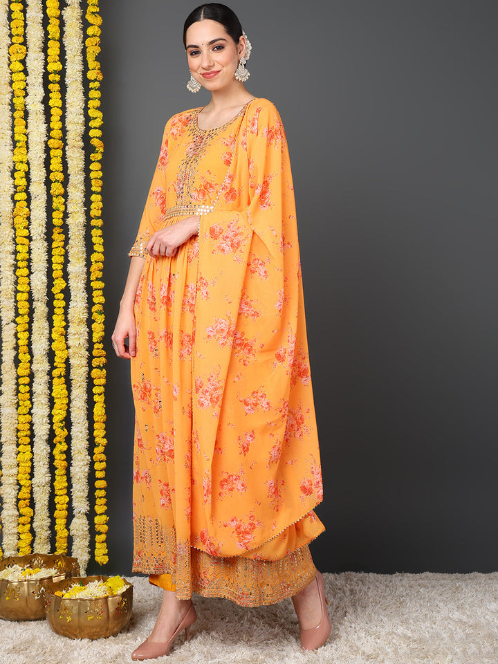 ZERESOUQ-Orange-Georgette-Floral-Printed-3-Piece-Anarkali-Set
