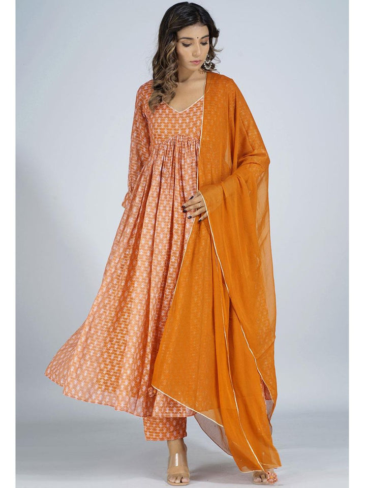Orange Georgette V Neck Long Kurta Set
