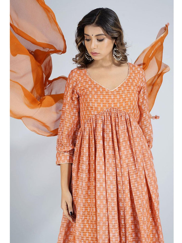 Orange Georgette V Neck Long Kurta Set