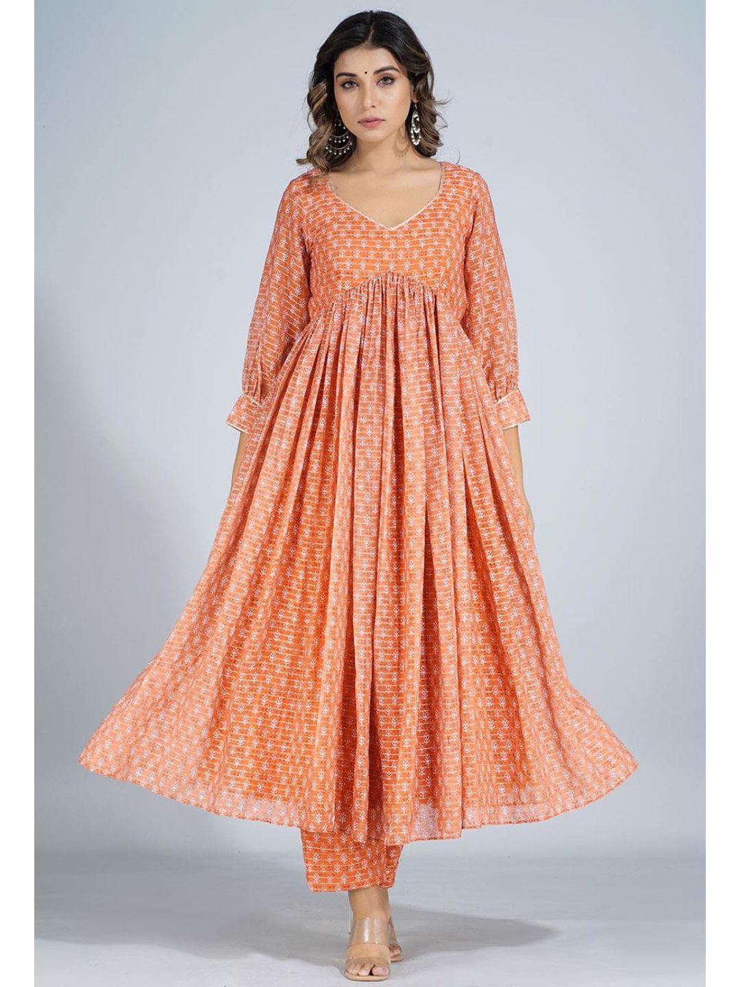 Orange Georgette V Neck Long Kurta Set