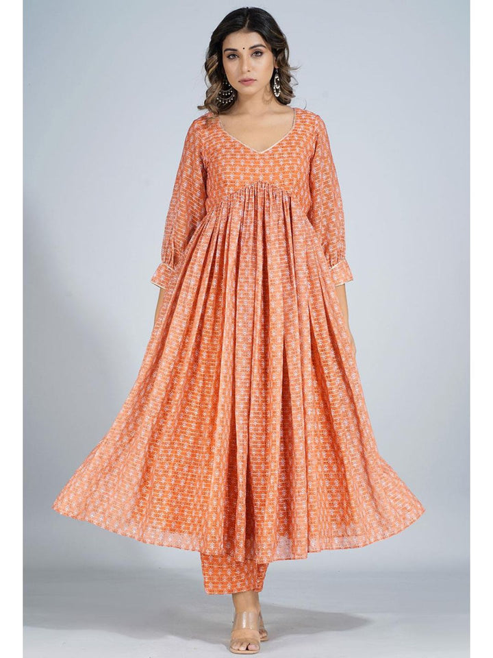 Orange Georgette V Neck Long Kurta Set