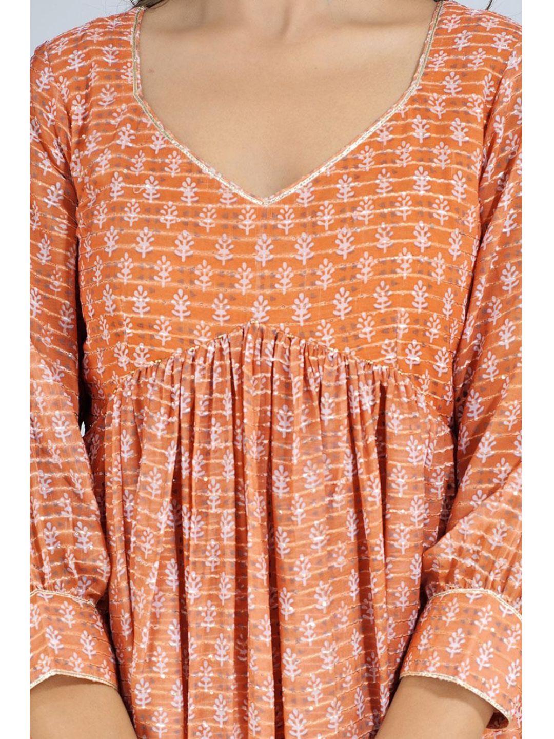 Orange Georgette V Neck Long Kurta Set