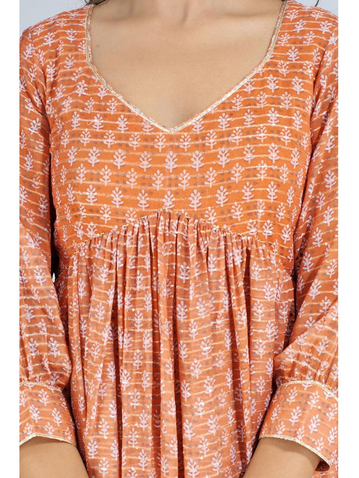 Orange Georgette V Neck Long Kurta Set