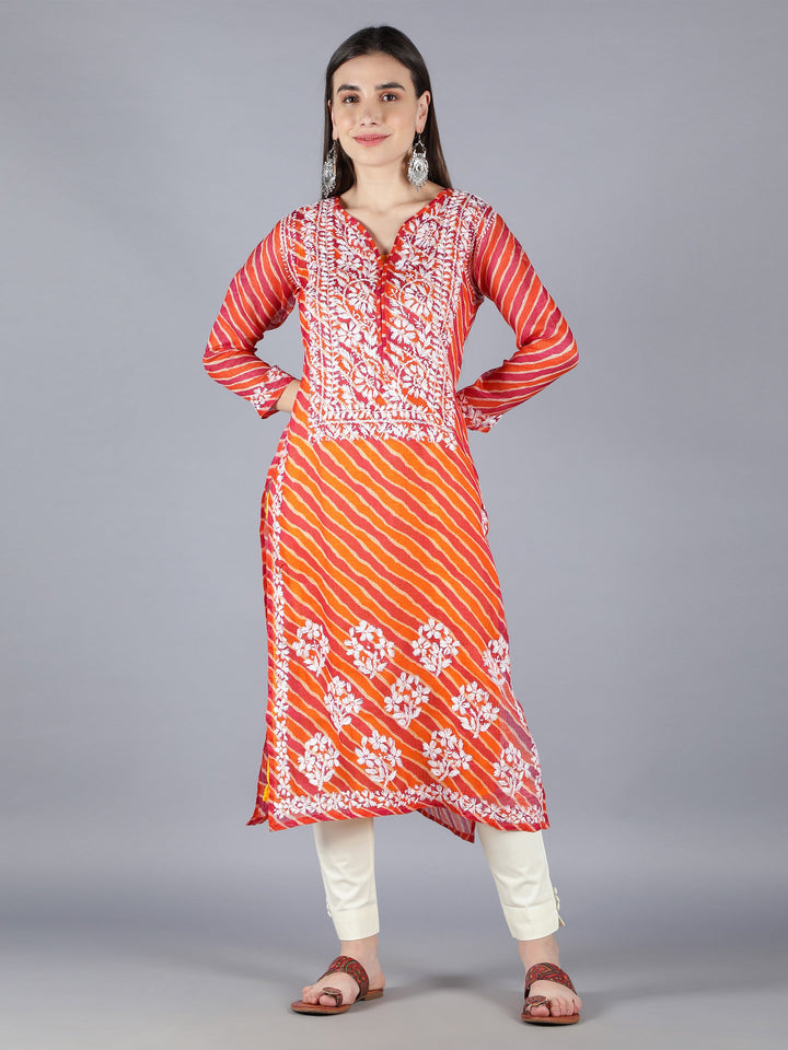 Orange Kota Leheriya Print Chikan Kurta Set