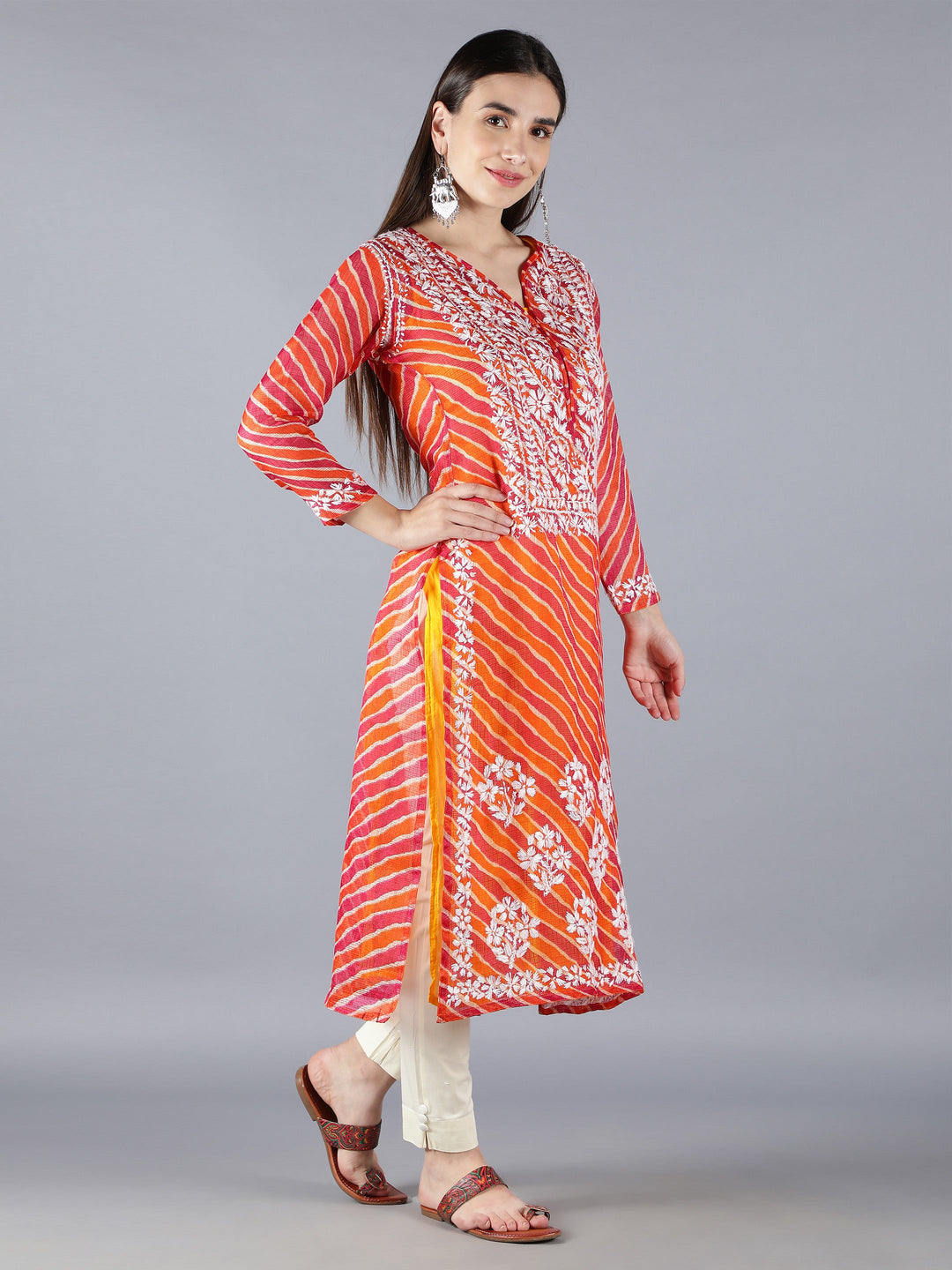 Orange Kota Leheriya Print Chikan Kurta Set