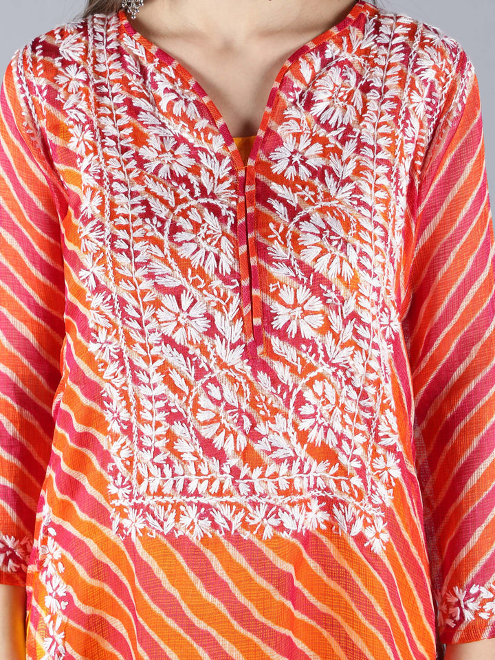 Orange Kota Leheriya Print Chikan Kurta Set