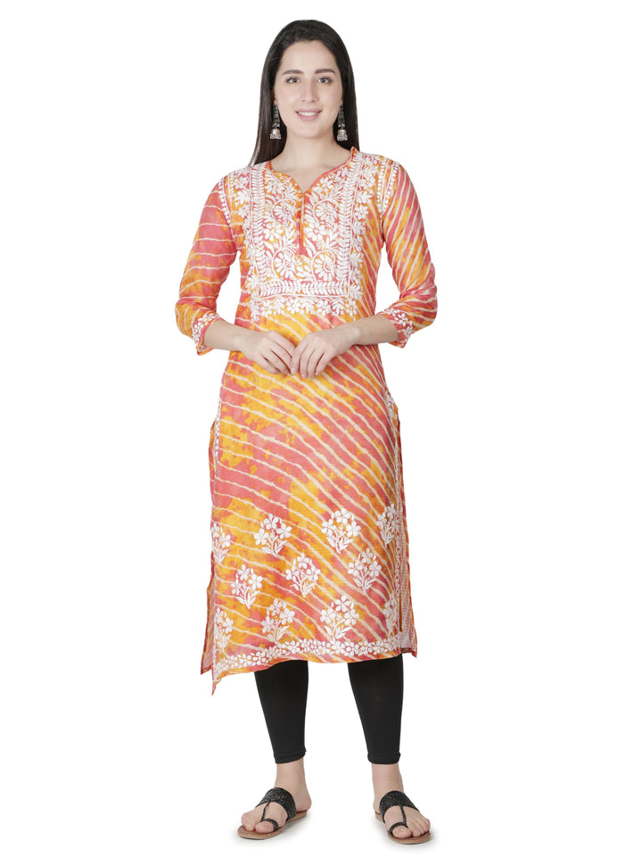 Orange Kota Leheriya Print Chikankari Kurta