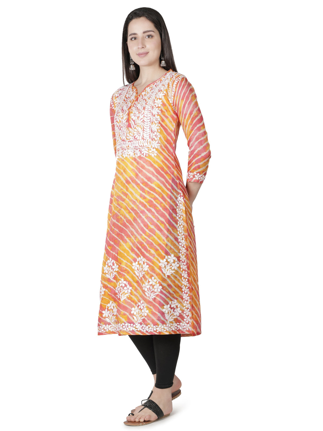 Orange Kota Leheriya Print Chikankari Kurta