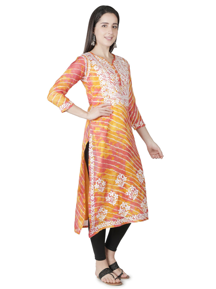 Orange Kota Leheriya Print Chikankari Kurta